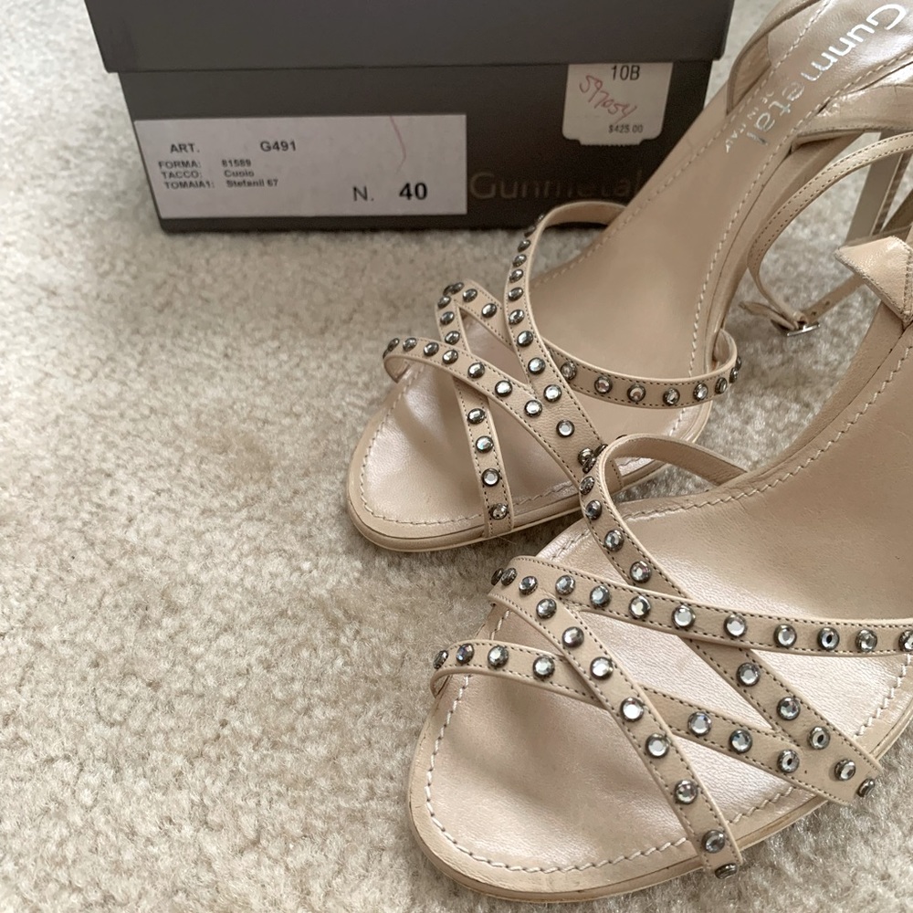 Neiman Marcus Nude Beige Studded Strappy High Heels